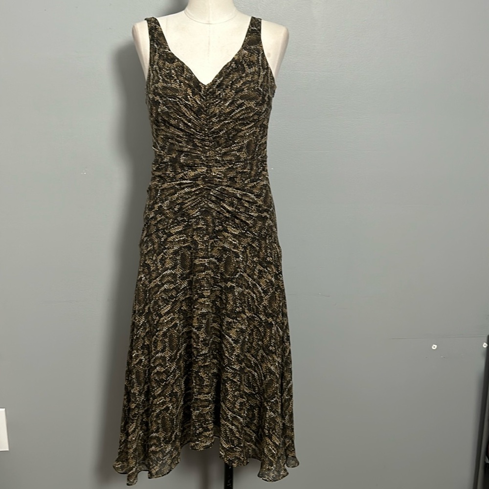 Vintage Silk Maggy London Snake Print V-Neck Ruched A-Line asymmetrical dress 8